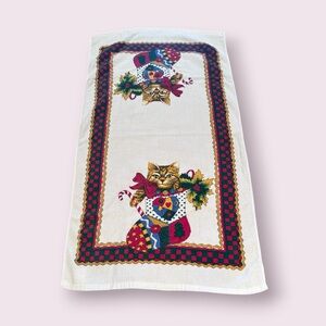 Vintage Festive Cat Holiday Household Towel - White with Red & Green 22" x 39"